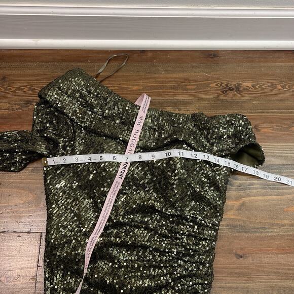 Ieena Mac Duggal Olive Green Sequin One-Shoulder Side Slit Gown Size 6 $398 - Picture 14 of 15